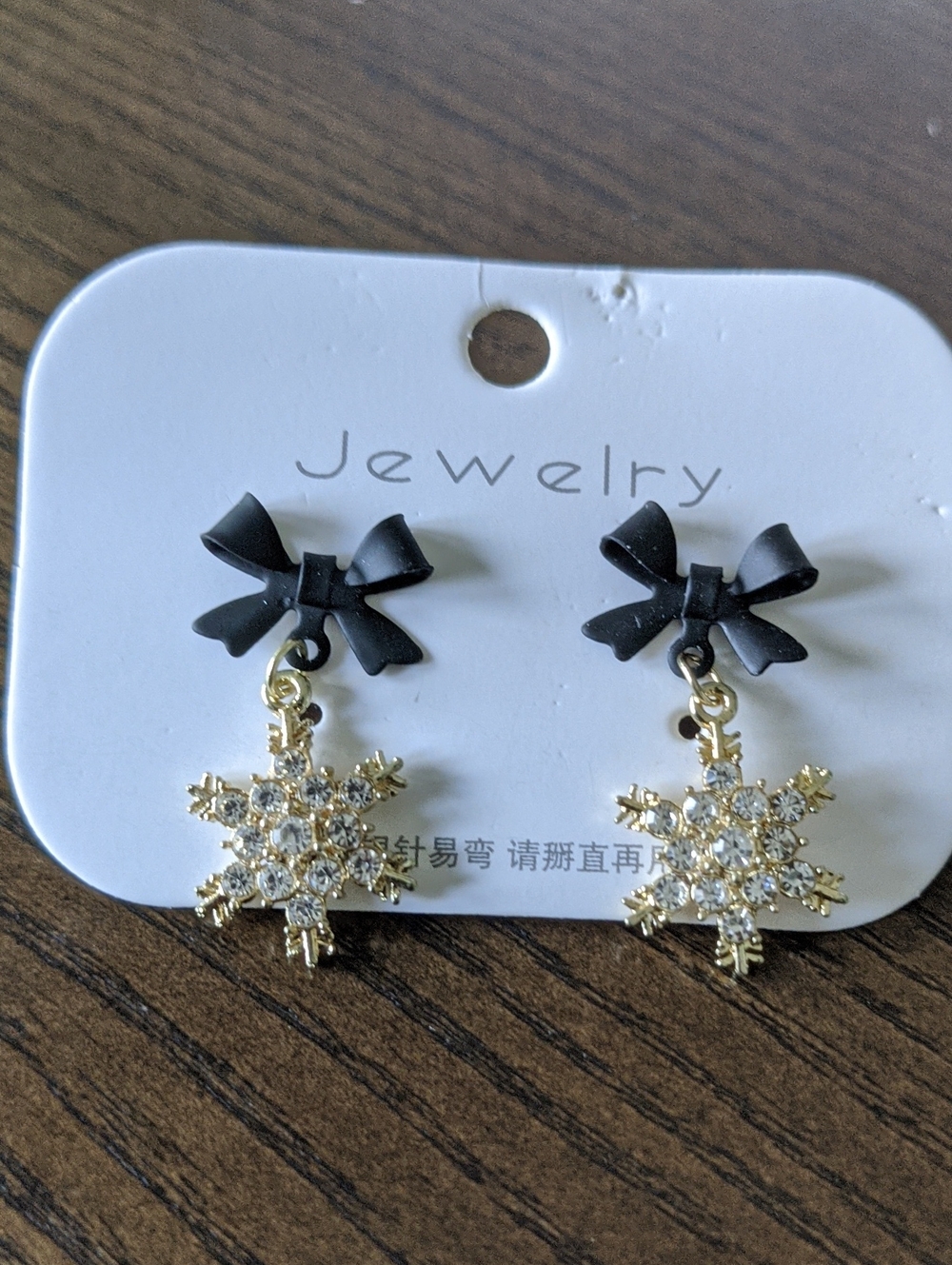 Sterling Silver Post Backs Gold Crystal Snowflake Drop Earrings with Black Bow